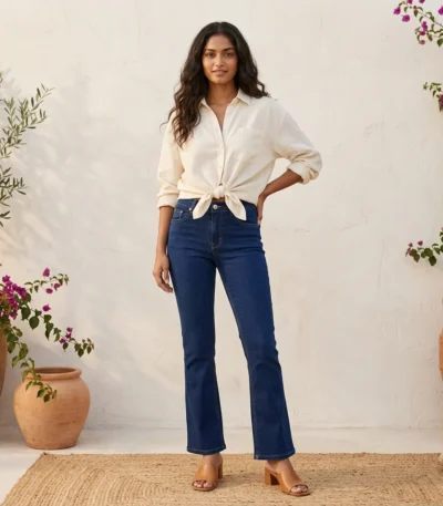 Y RUS women's high rise blue bootcut jeans featuring contrast stitching and a flared hem (4)