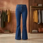 Y RUS women's high rise blue bootcut jeans featuring contrast stitching and a flared hem (5)