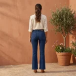 Y RUS women's high rise blue bootcut jeans featuring contrast stitching and a flared hem (6)