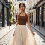 a brown halter neck polka dot top with shimmering details (2)