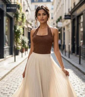 a brown halter neck polka dot top with shimmering details (2)