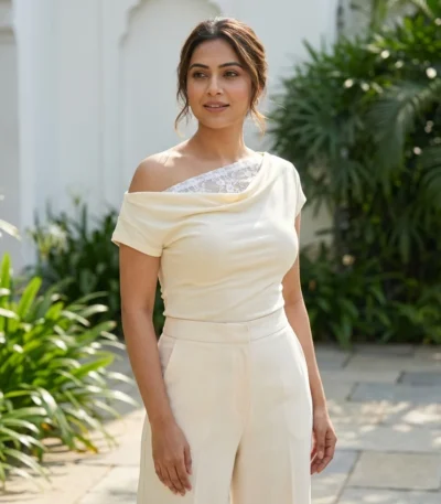 a cream colored asymmetrical off shoulder top with white lace detailing (2)