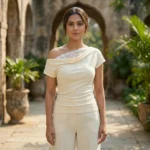 a cream colored asymmetrical off shoulder top with white lace detailing (5)