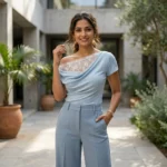 a pastel blue one shoulder top with white floral lace trim and matching trousers (4)