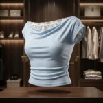 a pastel blue one shoulder top with white floral lace trim and matching trousers (6)