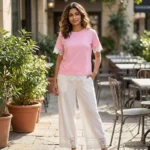 a pink crew neck top with white lace sleeves and V shaped white lace back panel (2)