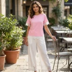 a pink crew neck top with white lace sleeves and V shaped white lace back panel (3)