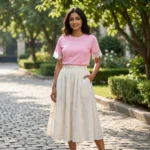 a pink crew neck top with white lace sleeves and V shaped white lace back panel (4)