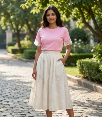 a pink crew neck top with white lace sleeves and V shaped white lace back panel (4)