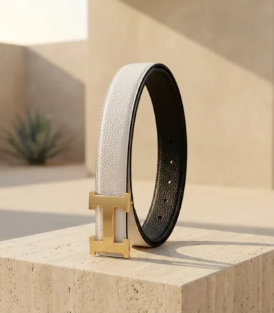 a white textured leather belt with a gold H shaped buckle (1)