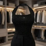 black halter neck bodysuit with silver rhinestone embellishments (2)