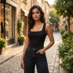 black sleeveless bodysuit for women with white rhinestone embellishments and a square neckline (1)