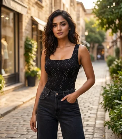 black sleeveless bodysuit for women with white rhinestone embellishments and a square neckline (1)