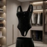 black sleeveless bodysuit for women with white rhinestone embellishments and a square neckline (2)