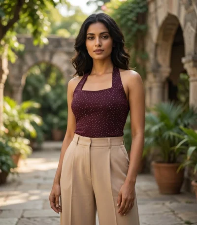 burgundy polka dot halter neck bodysuit (1)