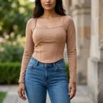 mocha brown ribbed corset style long sleeve top with square neckline and curved hem (3)