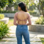 mocha brown ribbed corset style long sleeve top with square neckline and curved hem (5)