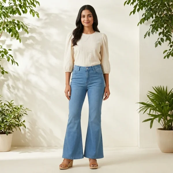 women’s high rise light blue flared denim jeans (5)