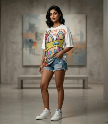 women's white oversized t shirt featuring a colorful animated character print and iridescent rhinestone detailing (5)