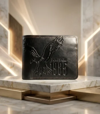 Black Bomshieny men's bi fold wallet with eagle embossing (4)