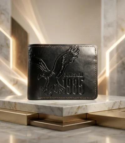Black Bomshieny men's bi fold wallet with eagle embossing (4)