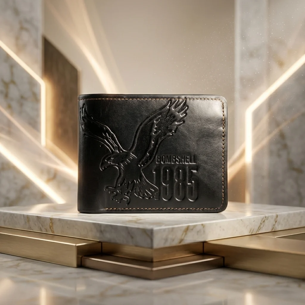 Black Bomshieny men's bi fold wallet with eagle embossing (4)