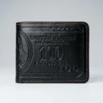 Black leather bi fold men's wallet with embossed 100 dollar bill design (2)
