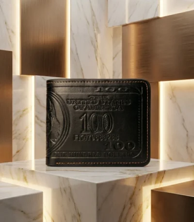 Black leather bi fold men's wallet with embossed 100 dollar bill design (3)