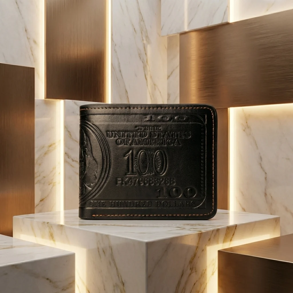 Black leather bi fold men's wallet with embossed 100 dollar bill design (3) Black leather bi fold men's wallet with embossed 100 dollar bill design (3)