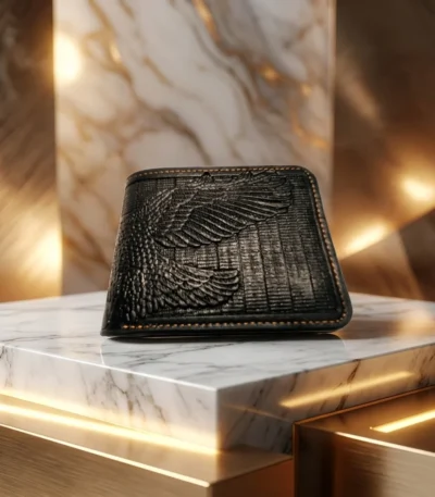 Black men's bi fold wallet with eagle embossing (2)