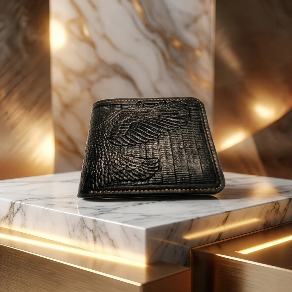 Black men's bi fold wallet with eagle embossing (2) Black men's bi fold wallet with eagle embossing (2)