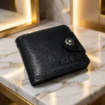 Black textured bifold wallet for men by Bomshisky with snap button (4)