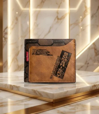 Bomshisky men's two tone brown bifold wallet with embossed text and honeycomb pattern (3)