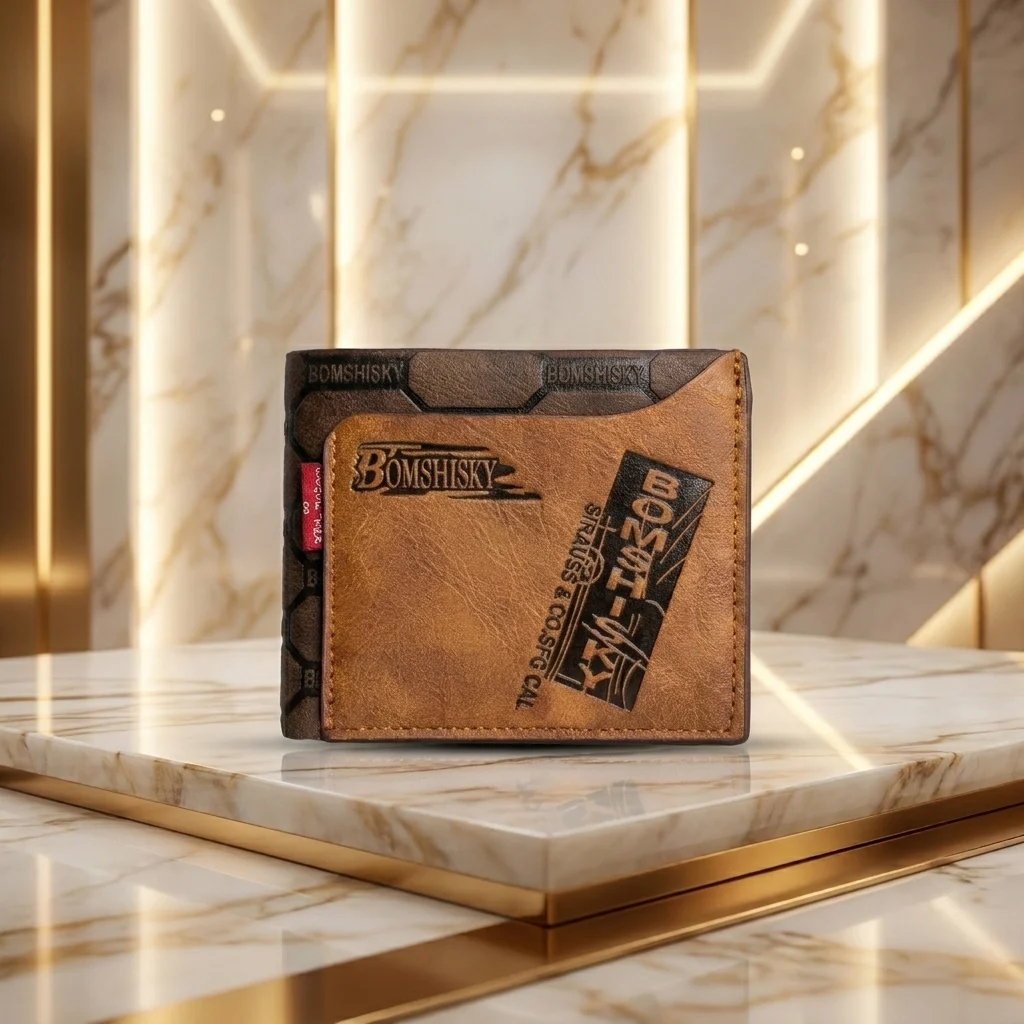Bomshisky men's two tone brown bifold wallet with embossed text and honeycomb pattern (3) Bomshisky men's two tone brown bifold wallet with embossed text and honeycomb pattern (3)
