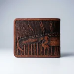 Brown bifold men's wallet featuring a 3D embossed crocodile design (2)