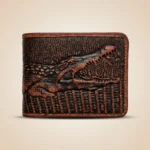 Brown bifold men's wallet featuring a 3D embossed crocodile design (4)