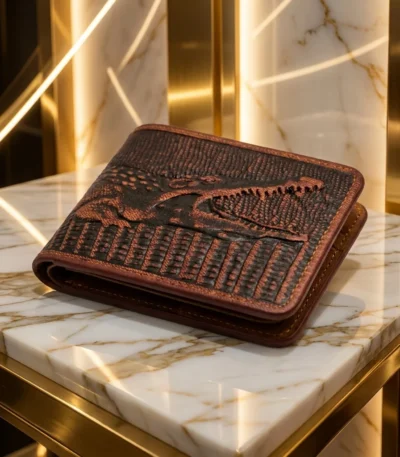 Brown bifold men's wallet featuring a 3D embossed crocodile design (5)