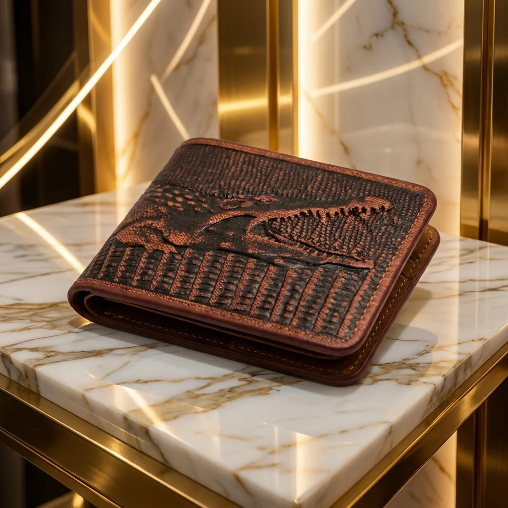 Brown bifold men's wallet featuring a 3D embossed crocodile design (5) Brown bifold men's wallet featuring a 3D embossed crocodile design (5)