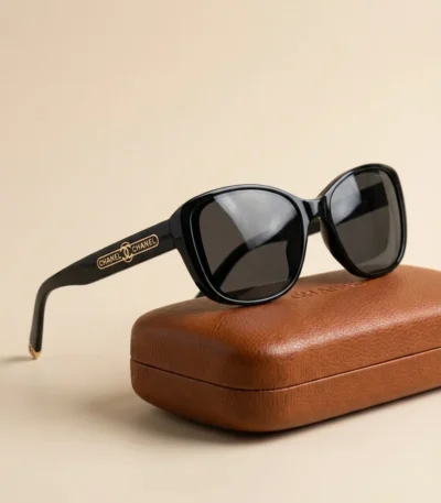 CHANEL Men's Black Square Sunglasses with Gold Logo and Leather Case (1)