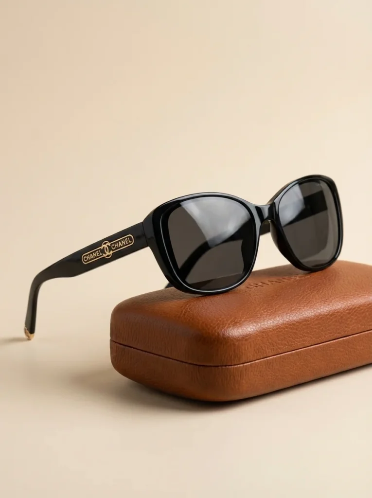 CHANEL Men's Black Square Sunglasses with Gold Logo and Leather Case (1)