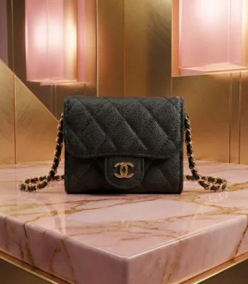 Chanel Black Quilted Caviar Leather Mini Flap Bag with Gold Tone Chain (1)