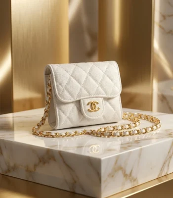 Chanel White Quilted Caviar Leather Mini Bag with Gold CC Logo and Chain Strap (3)