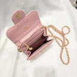 Chanel light pink caviar leather mini flap bag with gold interlocking CC logo and chain strap (3)