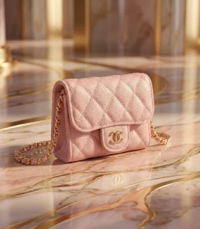 Chanel light pink caviar leather mini flap bag with gold interlocking CC logo and chain strap (5)