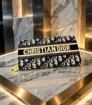 Christian Dior Blue Oblique Embroidered Zip Around Wallet with Logo Band (1)