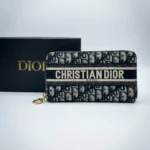 Christian Dior Blue Oblique Embroidered Zip Around Wallet with Logo Band (3)