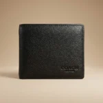 Coach black pebbled leather bifold wallet for men with ID window and card slots (1)