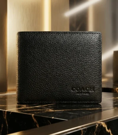Coach black pebbled leather bifold wallet for men with ID window and card slots (3)