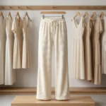 Cream ribbed wide leg pants with rhinestone details for women (2)