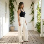 Cream ribbed wide leg pants with rhinestone details for women (3)